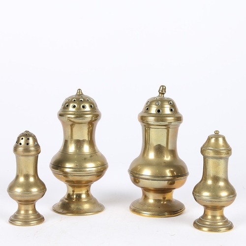 378 - A GROUP OF FOUR GEORGE III BRASS CASTERS OR PEPPERETTES, CIRCA 1770-1800. Each of baluster form, wit... 