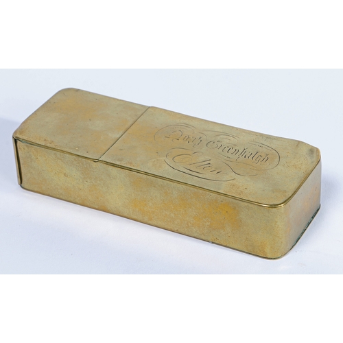 43 - AN EARLY 19TH CENTURY BRASS CLAY PIPE BOX, ENGLISH, CIRCA 1820-40. Of rectangular form, with three h... 