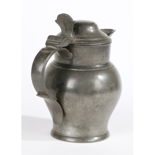 69 - A VICTORIAN PEWTER HALF-PINT LIDDED ALE JUG, CIRCA 1870. Having a domed-lid, bulbous body and grated... 