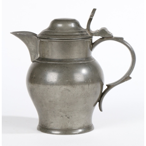 69 - A VICTORIAN PEWTER HALF-PINT LIDDED ALE JUG, CIRCA 1870. Having a domed-lid, bulbous body and grated... 