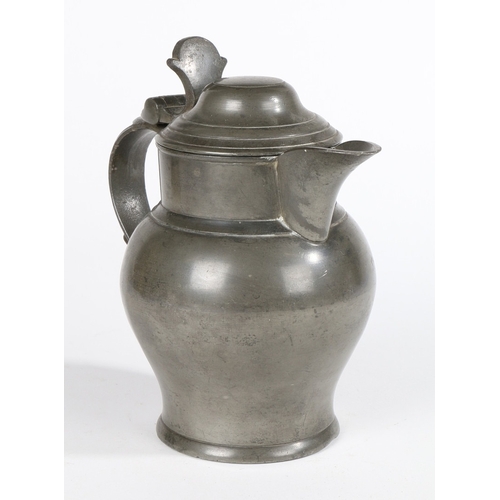 69 - A VICTORIAN PEWTER HALF-PINT LIDDED ALE JUG, CIRCA 1870. Having a domed-lid, bulbous body and grated... 