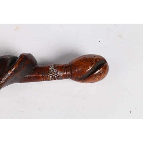 92 - A 19TH CENTURY WALKING CANE. Formed from natural spiral, with hatched collared ball terminal,  91cm ... 