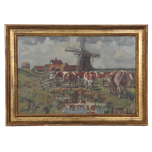 100 - ROWLAND FISHER R.I, R.O.I (BRITISH, 1885-1969). (d) Cattle before a Mill and Farmstead
 signed (lowe... 