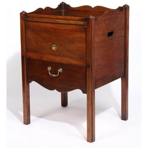 2 - A GEORGE III MAHOGANY TRAY TOP BEDSIDE COMMODE. having a wavy gallery above a sliding drawer raised ... 