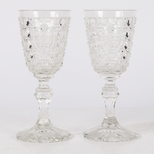 264 - A PAIR OF MID 19TH CENTURY RUSSIAN CUT GLASS GOBLETS. Circa 1840-50, having a flat cut bowl and a kn... 