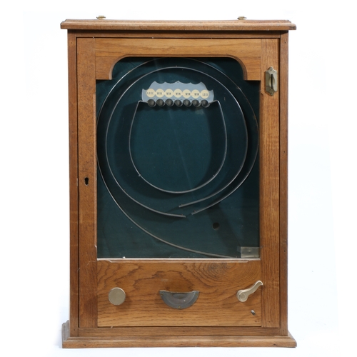 268 - AN OAK CASED PENNY IN THE SLOT ARCADE GAME, UN-NAMED. wall hanging, 71 x 51cm.