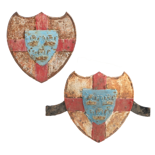 270 - A PAIR OF 19TH CENTURY WROUGHT IRON SHIELDS. depicting the Crest of East Anglia, painted in colours,... 