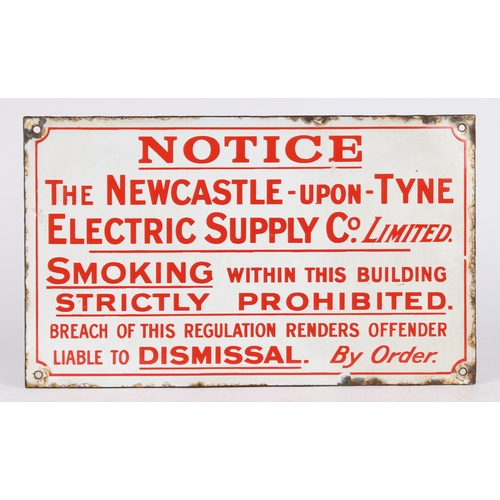 280 - AN EARLY TO MID 20TH CENTURY NEWCASTLE-UPON-TYNE ELECTRICAL SUPPLY CO. LTD. NO SMOKING SIGN. The ena... 