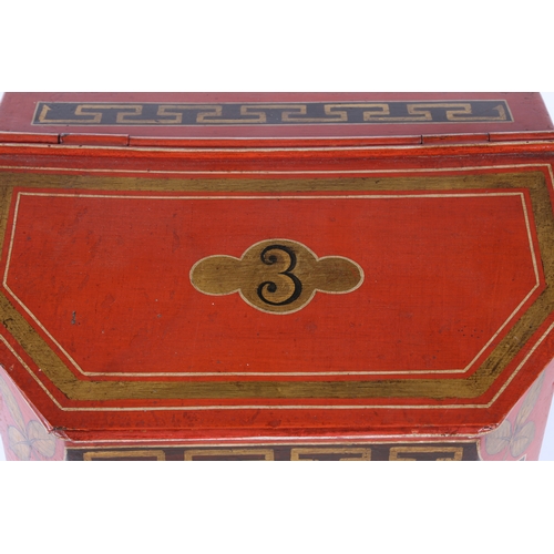 293 - A LARGE 19TH CENTURY SHOP KEEPERS RED TOLEWARE TEA TIN. With oriental images including warriors and ... 