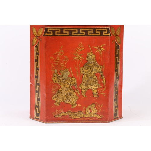 293 - A LARGE 19TH CENTURY SHOP KEEPERS RED TOLEWARE TEA TIN. With oriental images including warriors and ... 