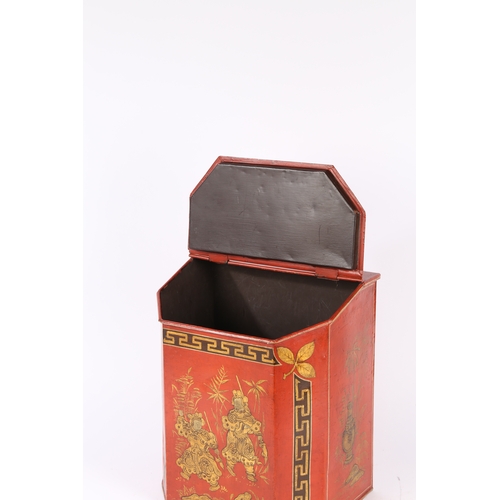 293 - A LARGE 19TH CENTURY SHOP KEEPERS RED TOLEWARE TEA TIN. With oriental images including warriors and ... 
