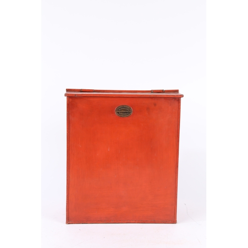 293 - A LARGE 19TH CENTURY SHOP KEEPERS RED TOLEWARE TEA TIN. With oriental images including warriors and ... 