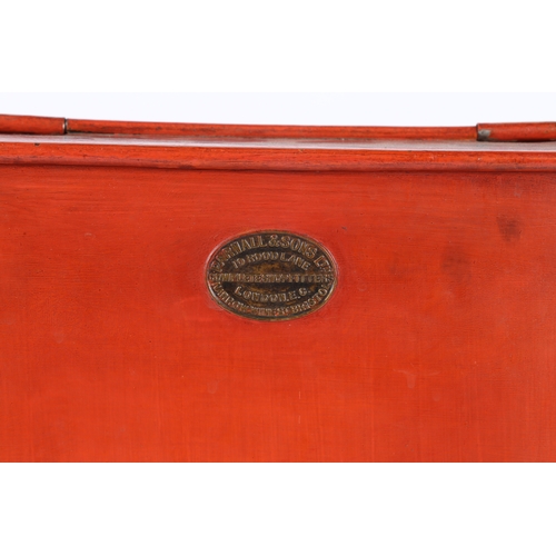 293 - A LARGE 19TH CENTURY SHOP KEEPERS RED TOLEWARE TEA TIN. With oriental images including warriors and ... 