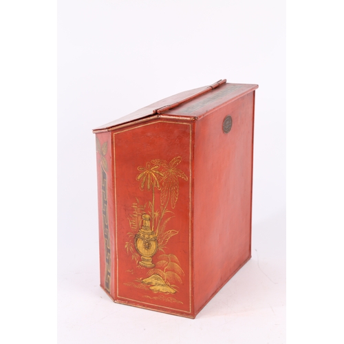 293 - A LARGE 19TH CENTURY SHOP KEEPERS RED TOLEWARE TEA TIN. With oriental images including warriors and ... 