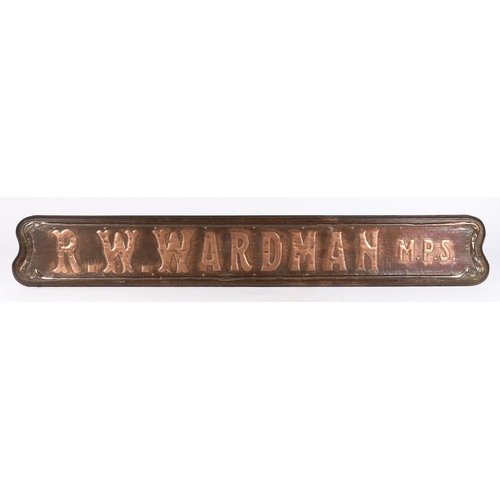 295 - AN EARLY 20TH CENTURY ARTS AND CRAFTS CHEMIST SHOP TRADE SIGN. 'R.W. WARDMAN M.P.S.' made from coppe... 