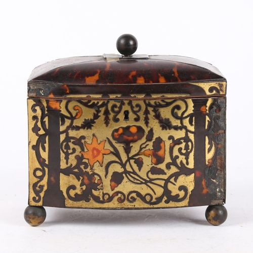 48 - A 19TH CENTURY TORTOISESHELL AND BRASS TEA CADDY. of bow fronted form, and having a ball finial to t... 