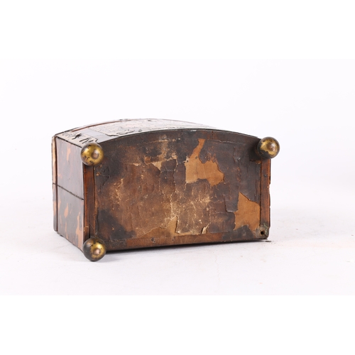 48 - A 19TH CENTURY TORTOISESHELL AND BRASS TEA CADDY. of bow fronted form, and having a ball finial to t... 