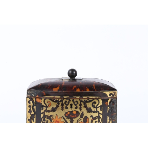 48 - A 19TH CENTURY TORTOISESHELL AND BRASS TEA CADDY. of bow fronted form, and having a ball finial to t... 