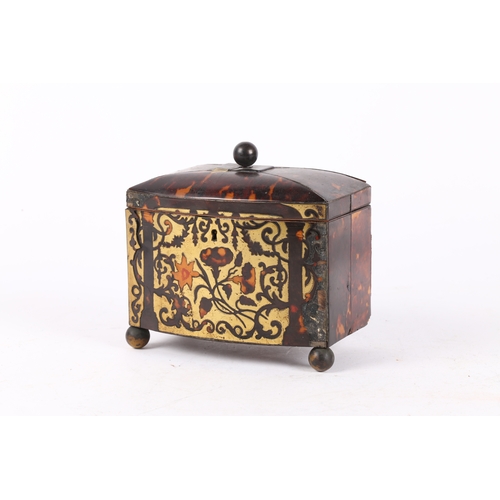 48 - A 19TH CENTURY TORTOISESHELL AND BRASS TEA CADDY. of bow fronted form, and having a ball finial to t... 