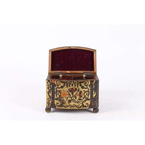 48 - A 19TH CENTURY TORTOISESHELL AND BRASS TEA CADDY. of bow fronted form, and having a ball finial to t... 