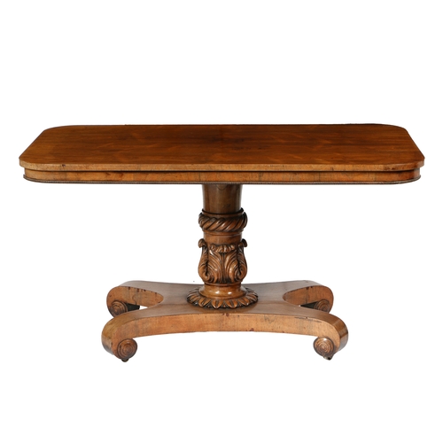 59 - A WILLIAM IV WALNUT CENTRE TABLE. the round cornered top with beaded frieze over a carved and rope-t... 