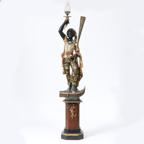 61 - A 19TH CENTURY VENETIAN CARVED WOODEN BLACKAMOOR FLOOR STANDING LAMP. modelled as a Gondolier standi... 