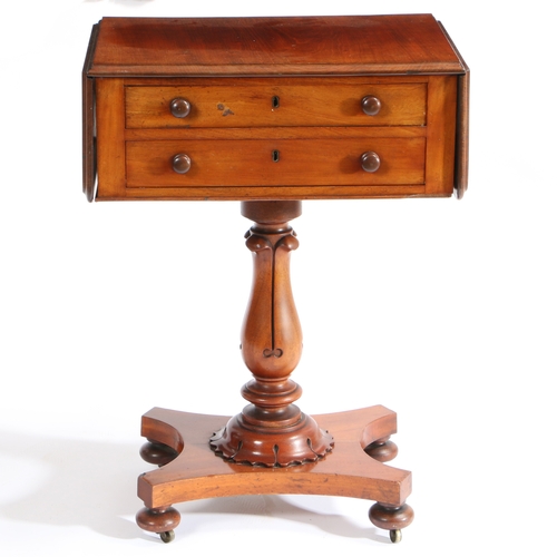 63 - A VICTORIAN MAHOGANY SEWING TABLE. having a rectangular top with drop sides above two drawers raised... 