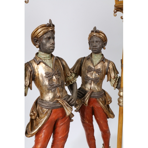66 - A PAIR OF 20TH CENTURY BLACKAMOOR FLOOR LAMPS. resin figures mounted on plinth bases holding a lante... 