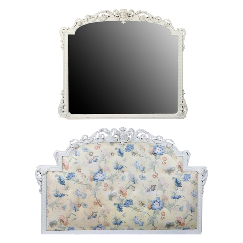 68 - TWO SIMILAR LARGE OVER MANTLE MIRRORS. both painted in white and having scroll design, one converted... 