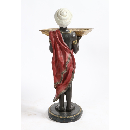 76 - A 20TH CENTURY BLACKAMOOR FIGURE HOLDING FRUIT TRAY. depicting a figure wearing a red garment and ho... 
