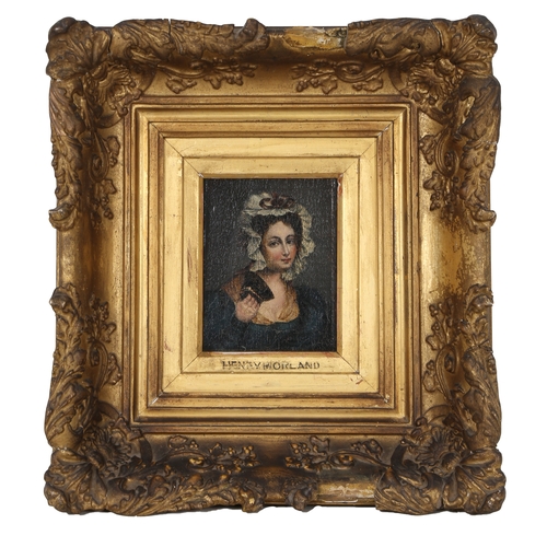 84 - CIRCLE OF HENRY MORLAND (BRITISH, 1716-1797). Portrait of a Lady in Lace Bonnet oil on panel 13 x ... 