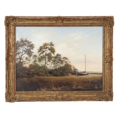 88 - JACK PULFER (BRITISH, 20TH CENTURY). Broadland Scene with Wherry signed (lower left), oil on canvas... 