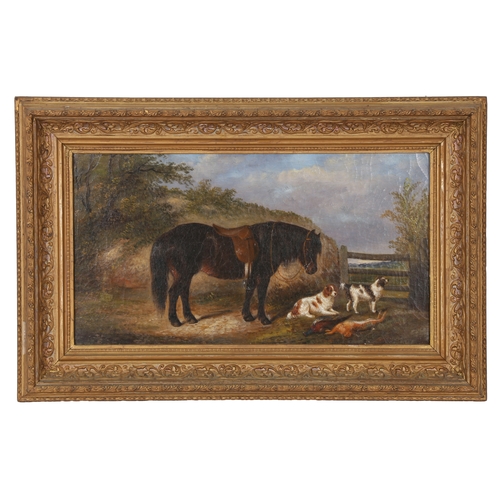 93 - ATTRIBUTED TO THOMAS SMYTHE (BRITISH, 1825-1906). Pony with Dogs and Game in Landscape
 oil on canva... 