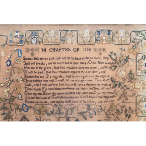 112 - A 19TH CENTURY SAMPLER, CIRCA 1836. 14 Chapter of Job, with the text above a foliate landscape inter... 