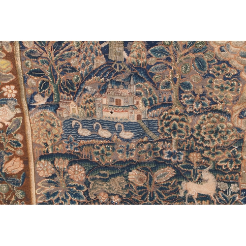 115 - A NEEDLEWORK TABLE CARPET, ENGLISH, CIRCA 1600. Worked in coloured wools, using mainly tent stitch... 