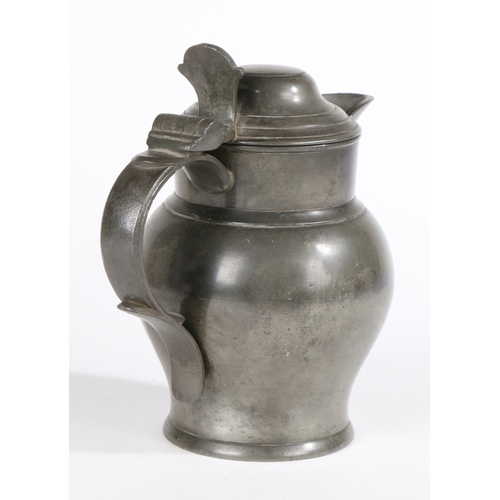 149 - A VICTORIAN PEWTER HALF-PINT LIDDED ALE JUG, CIRCA 1870. Having a domed-lid, bulbous body and grated... 