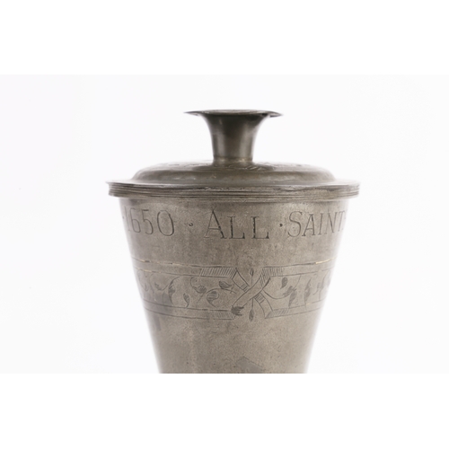 157 - A 17TH CENTURY PEWTER COMMUNION CUP AND COVER, DATED 1650. having a bucket shape body above a ball k... 