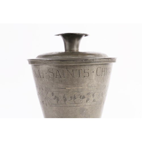 157 - A 17TH CENTURY PEWTER COMMUNION CUP AND COVER, DATED 1650. having a bucket shape body above a ball k... 