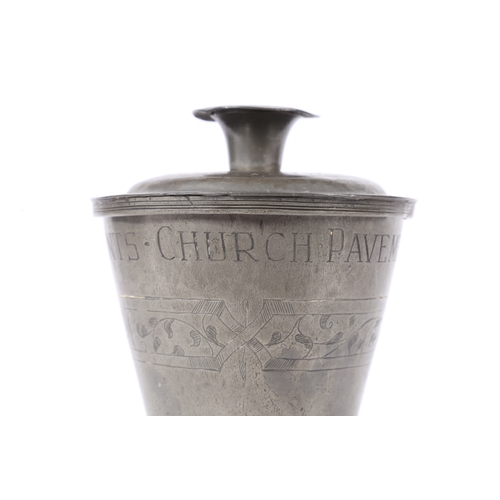 157 - A 17TH CENTURY PEWTER COMMUNION CUP AND COVER, DATED 1650. having a bucket shape body above a ball k... 