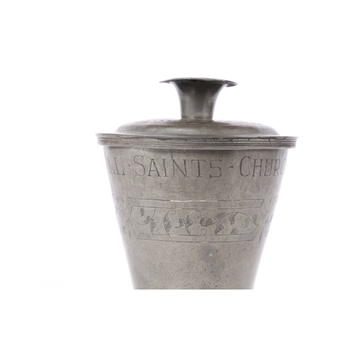 157 - A 17TH CENTURY PEWTER COMMUNION CUP AND COVER, DATED 1650. having a bucket shape body above a ball k... 