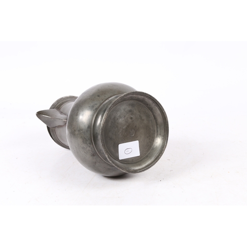 159 - A PEWTER SPOUTED DOMED-LIDDED BULBOUS FLAGON, POSSIBLY ENGLISH, CIRCA 1700. Having a pear-shaped bod... 