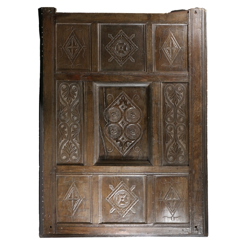 170 - CHARLES II OAK TESTER BED, LANCASHIRE, CIRCA 1670 AND LATER. Having a nine carved-panelled canopy, t... 