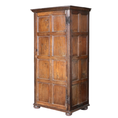 172 - AN OAK LIVERY CUPBOARD. Constructed from 17th/18th century panelling, having a single eight-panelled... 