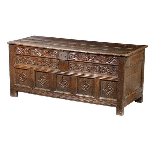 174 - A CHARLES II OAK COFFER, WESTMORLAND, CIRCA 1660. Having an end-cleated boarded hinged lid, the fron... 