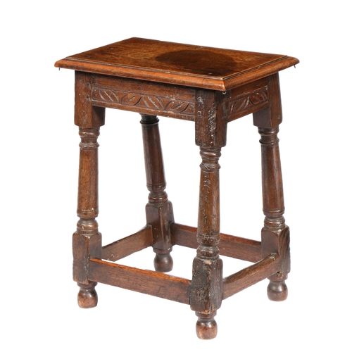 177 - A CHARLES I OAK JOINT STOOL, WEST COUNTRY, CIRCA 1640 AND LATER. The associated top with ovolo-mould... 