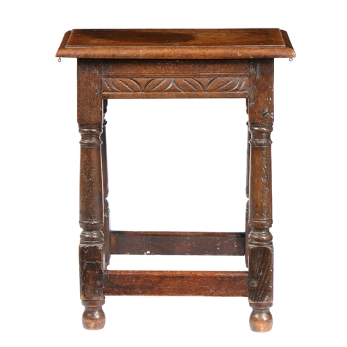 177 - A CHARLES I OAK JOINT STOOL, WEST COUNTRY, CIRCA 1640 AND LATER. The associated top with ovolo-mould... 