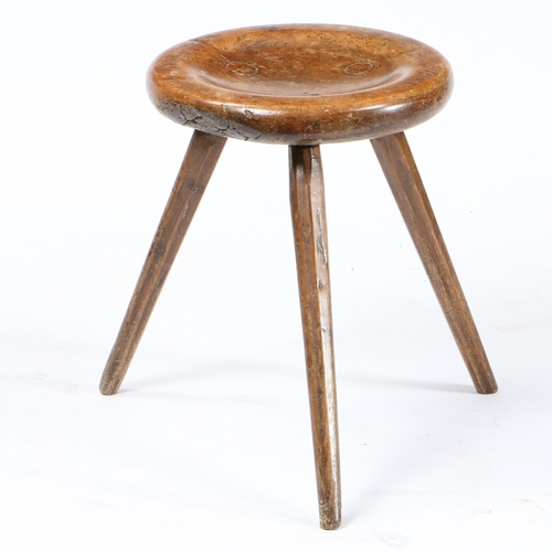 19 - A 19TH CENTURY SYCAMORE STOOL. having a circular dished top above three flat cut tapering legs, 41cm... 