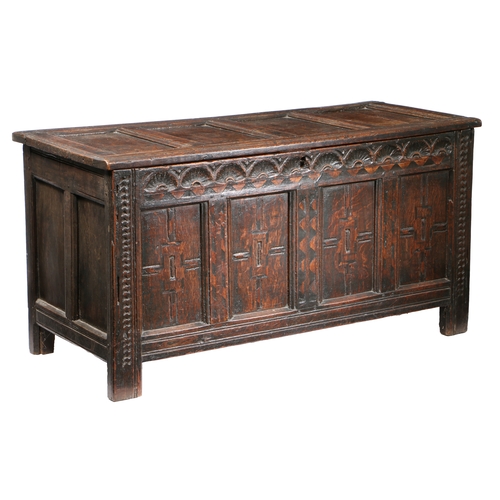 199 - AN ELIZABETH I/JAMES I OAK AND INLAID COFFER, CIRCA 1600-20. Having a quadruple-panelled hinged lid,... 