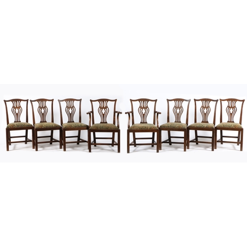 21 - A SET OF EIGHT GEORGE III OAK DINING CHAIRS, CIRCA 1780. To include two armchairs, each with serpent... 
