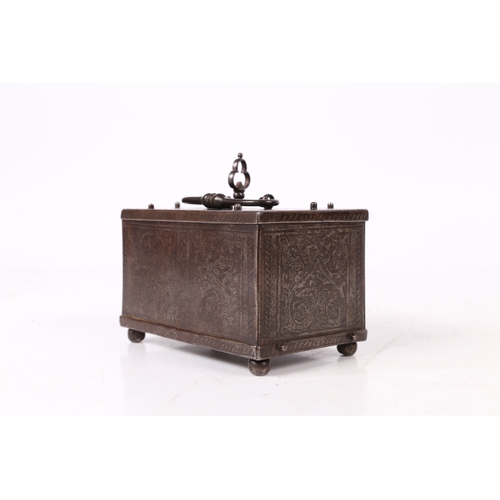 213 - A FINE AND SMALL ETCHED STEEL TABLE CASKET, NUREMBERG/AUGSBURG, CIRCA 1600. Of rectangular form, the... 